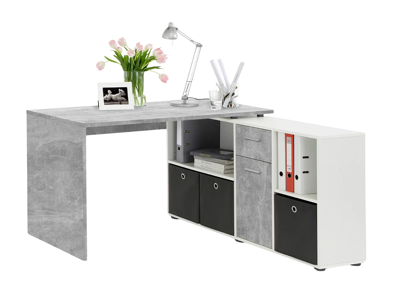 Bureau d'Angle Modulable avec Caisson, Tiroir et Étagères de Rangements - Lex