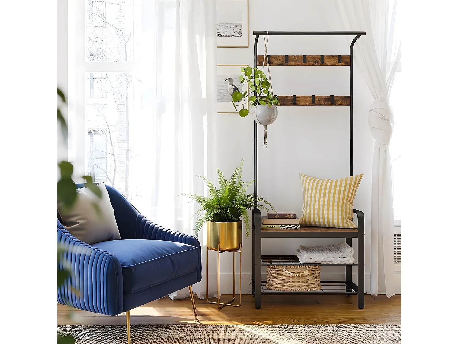 Penderie d'entrée 9 Crochets avec Banc à Chaussures - L72 cm