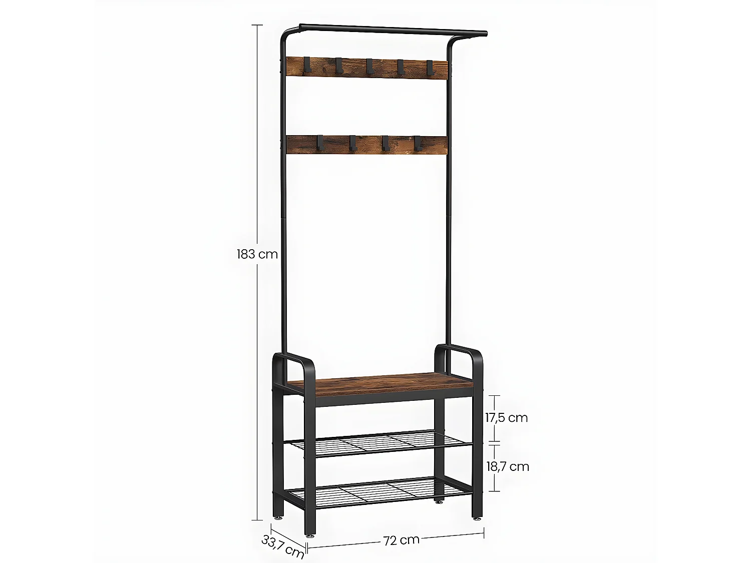 Penderie d'entrée 9 Crochets avec Banc à Chaussures - L72 cm