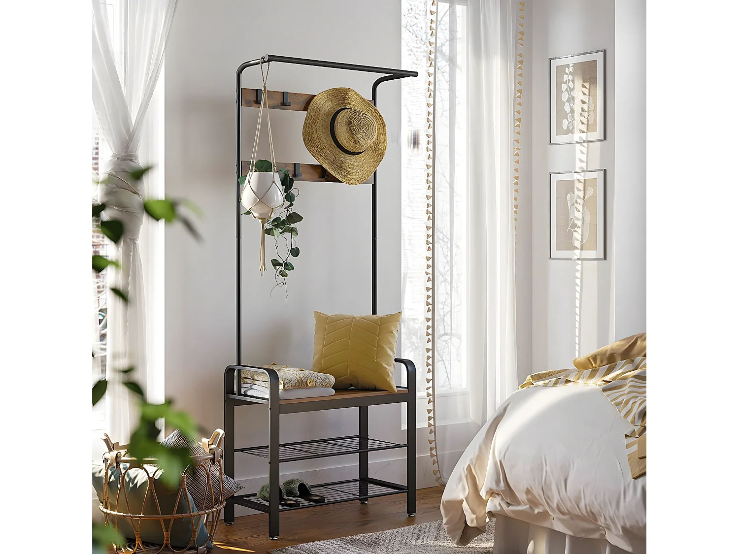 Penderie d'entrée 9 Crochets avec Banc à Chaussures - L72 cm