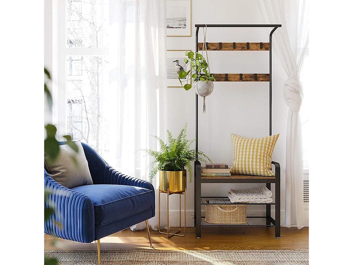 VASAGLE Frakkestativ, frakkestativ med bænk til skoopbevaring, 4-i-1-design, med 9 aftagelige kroge, en tøjstang, til gang, indgang, 33,7 x 77 x 183 cm,
