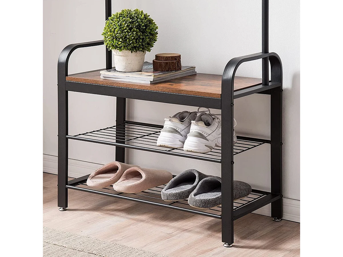 VASAGLE Frakkestativ, frakkestativ med bænk til skoopbevaring, 4-i-1-design, med 9 aftagelige kroge, en tøjstang, til gang, indgang, 33,7 x 77 x 183 cm,