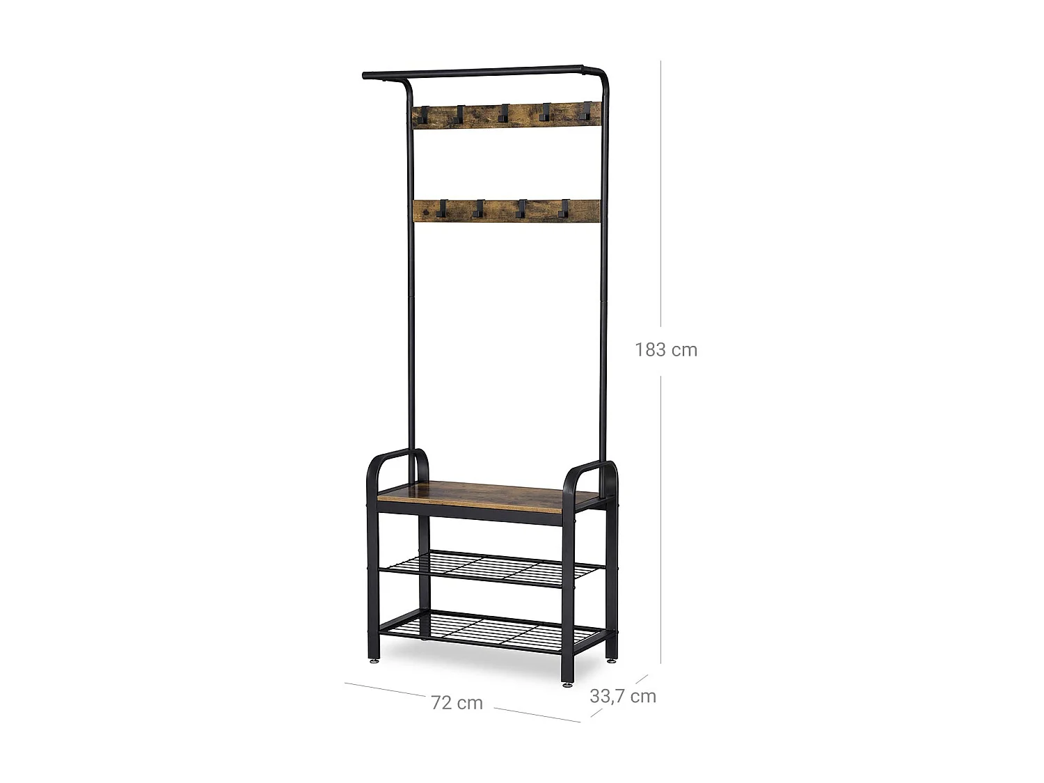 VASAGLE Frakkestativ, frakkestativ med bænk til skoopbevaring, 4-i-1-design, med 9 aftagelige kroge, en tøjstang, til gang, indgang, 33,7 x 77 x 183 cm,
