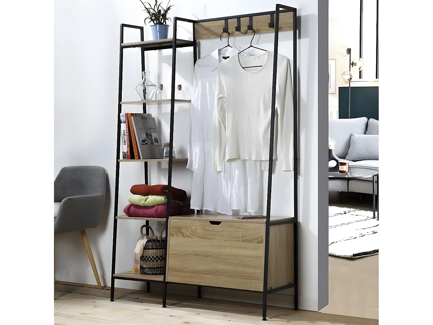 Garderobenständer mit 5 Regalen, Schuhkasten und Kleiderhaken - LEXIE
