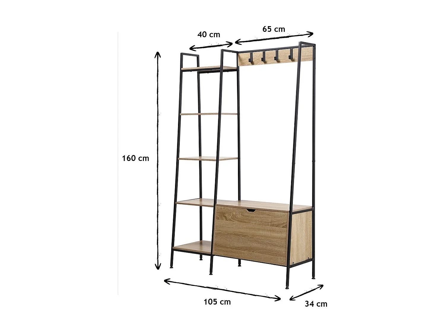 Armario abierto 5 estantes con baúl zapatero y colgadores - LEXIE