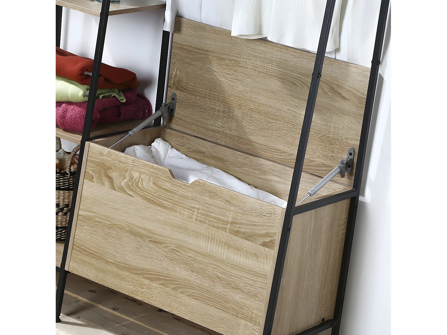 Armario abierto 5 estantes con baúl zapatero y colgadores - LEXIE