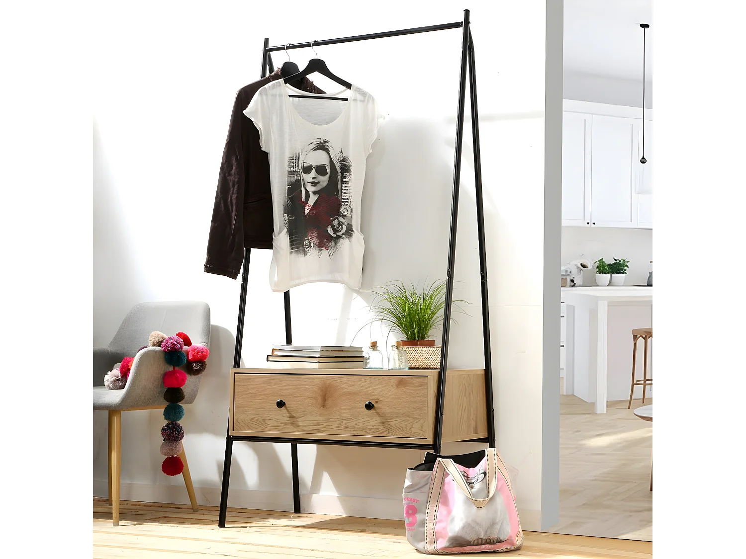 Penderie en métal Noir avec 1 Tiroir décor Chêne H170cm - JILL