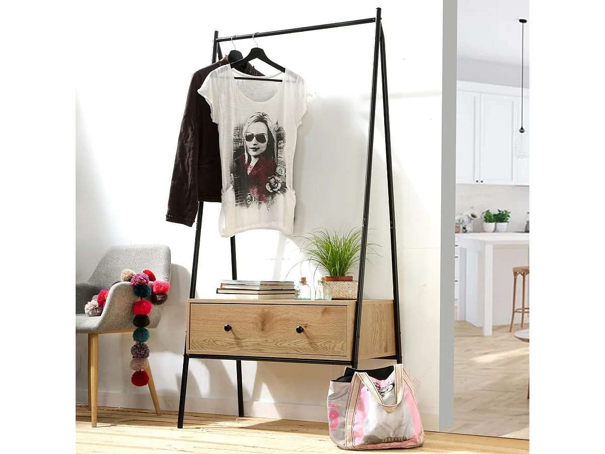 Penderie en métal Noir avec 1 Tiroir décor Chêne H170cm - JILL