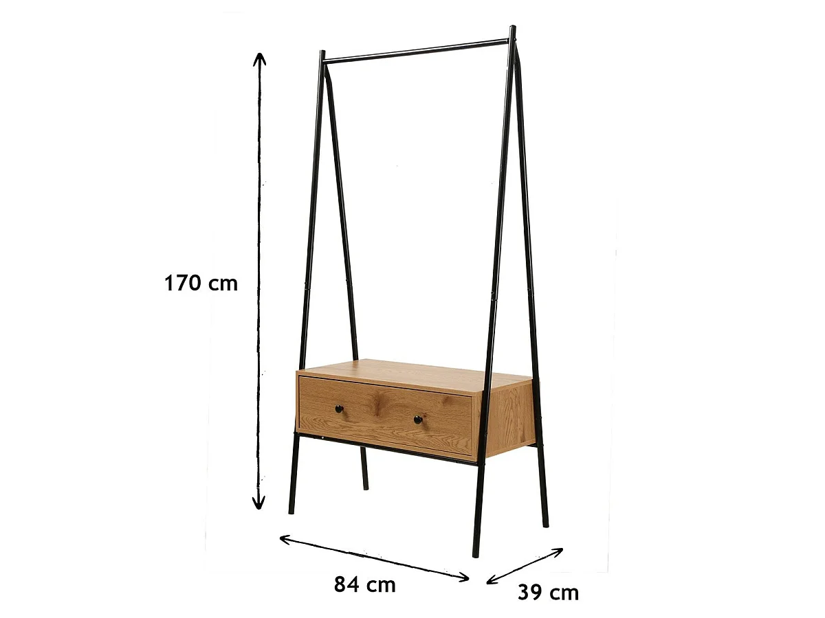 Penderie en métal Noir avec 1 Tiroir décor Chêne H170cm - JILL