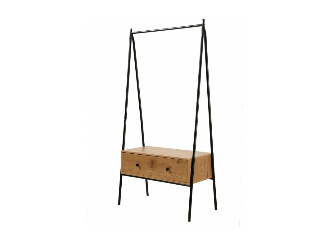 Zwart metalen kleerkast met 1 lade, eiken decor H170cm