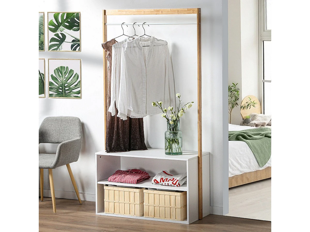Garderobenständer mit Stauraum - Weißdekor und Bamboo - L90 cm
