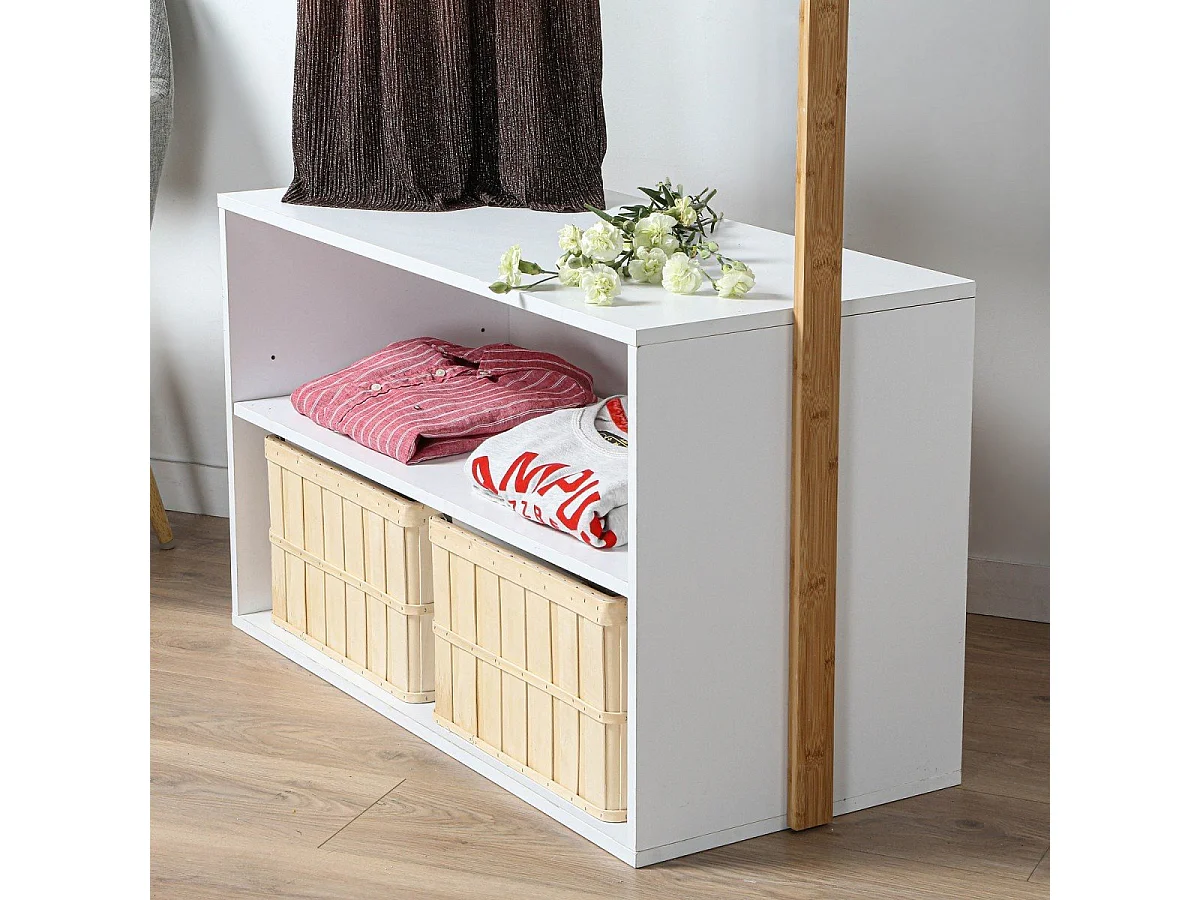 Garderobenständer mit Stauraum - Weißdekor und Bamboo - L90 cm