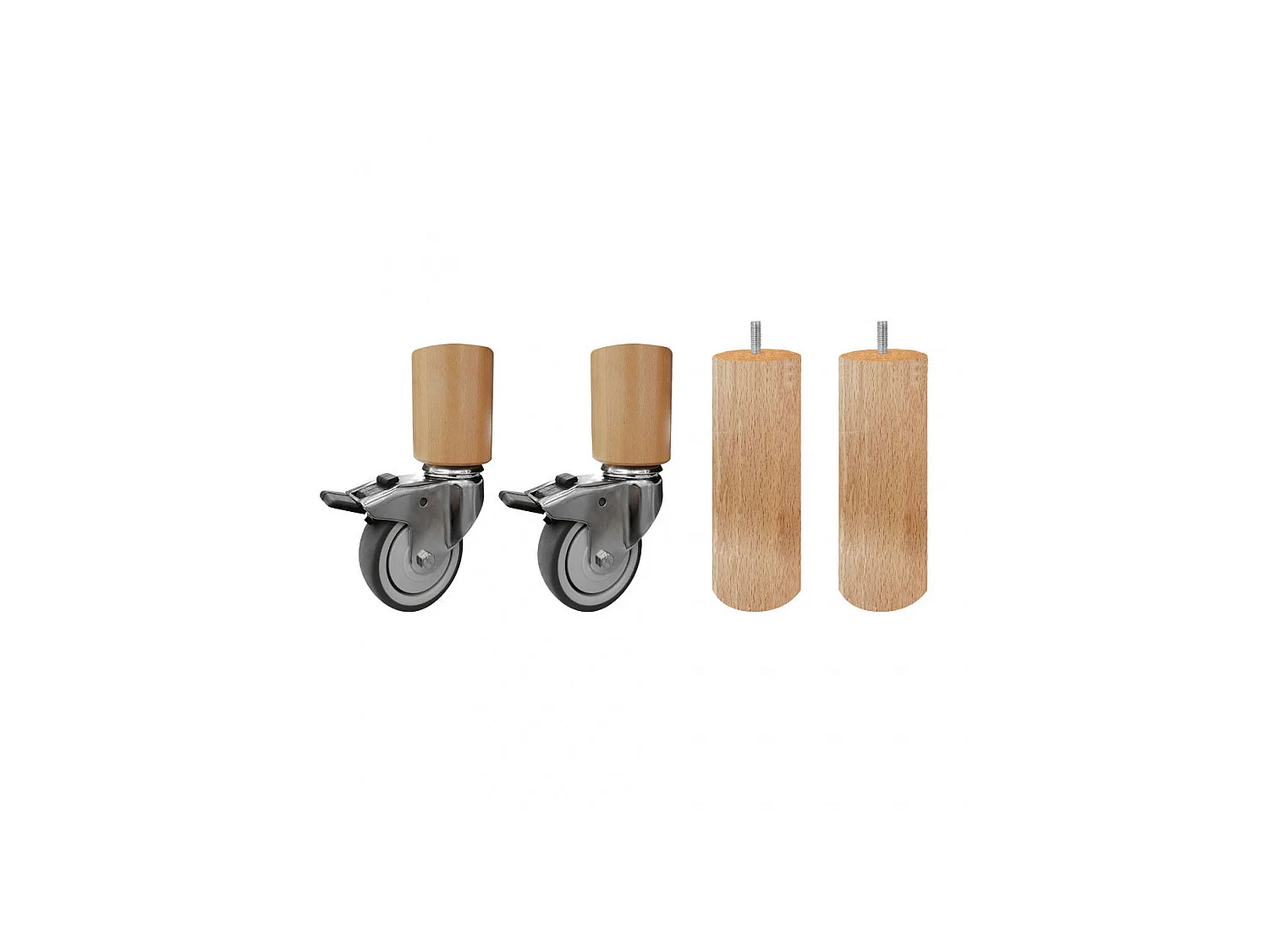 Lot 4 pieds de meuble en bois H.17 x D.6 et 2 roulettes - PIEDS DE LIT