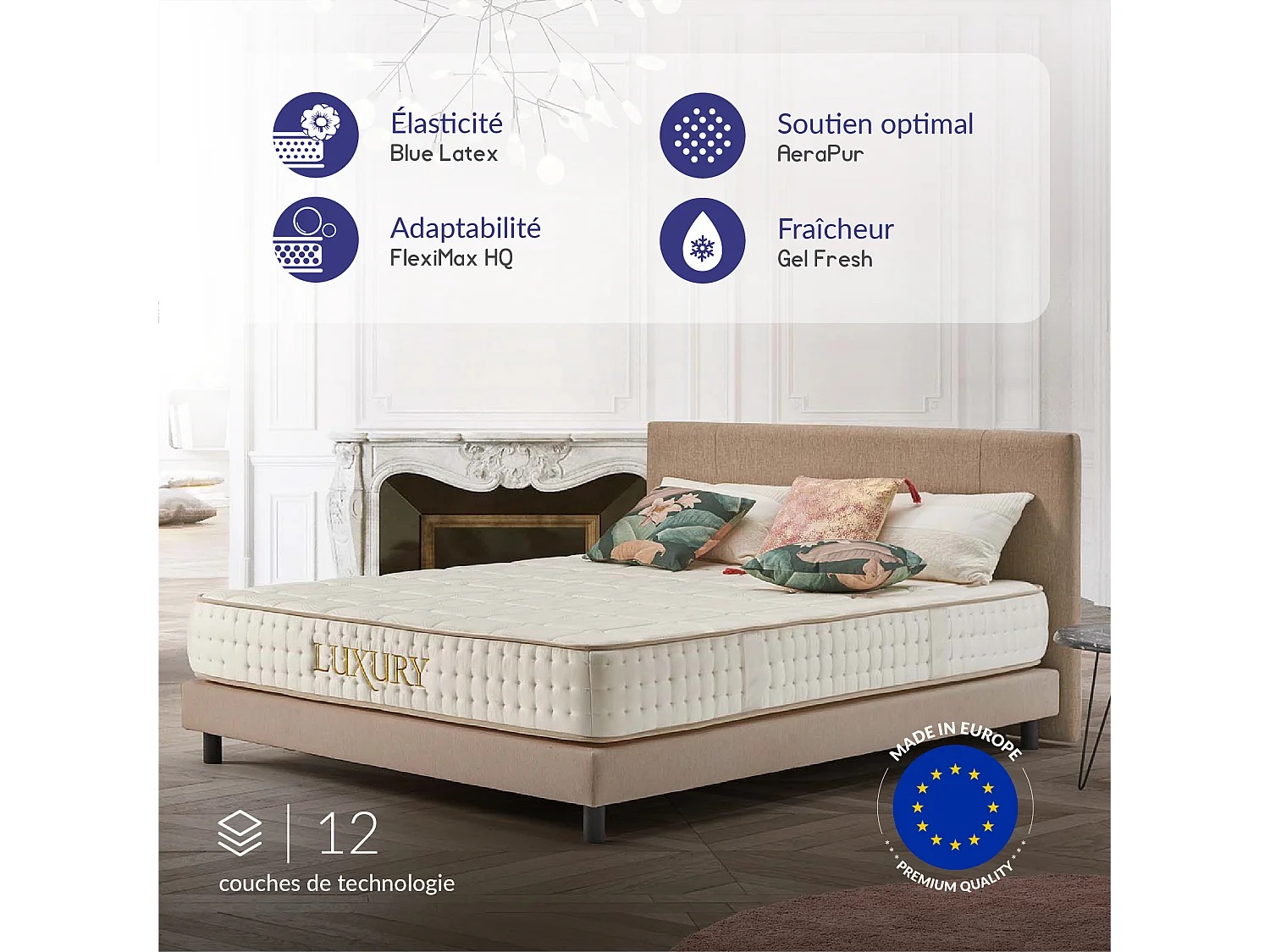 Naturalex - Matelas Luxury 160x200 cm - Multicouches HR - Blue Latex - Très épais 25 cm, Mousse à Mémoire de forme, 7 zones, Confortable - 2 faces été, hiver