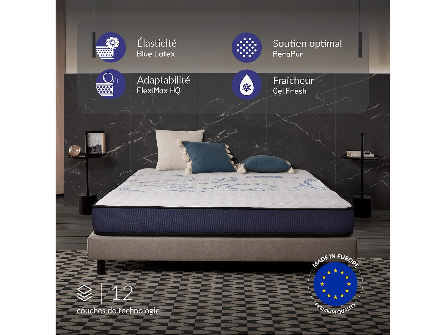 Naturalex - Matelas Perfectsleep 140x190 cm - Mousse HR - Accueil Blue Latex - Mémoire de forme, Parfait soutien, Confortable, 2 faces été, hiver- Antibactérien