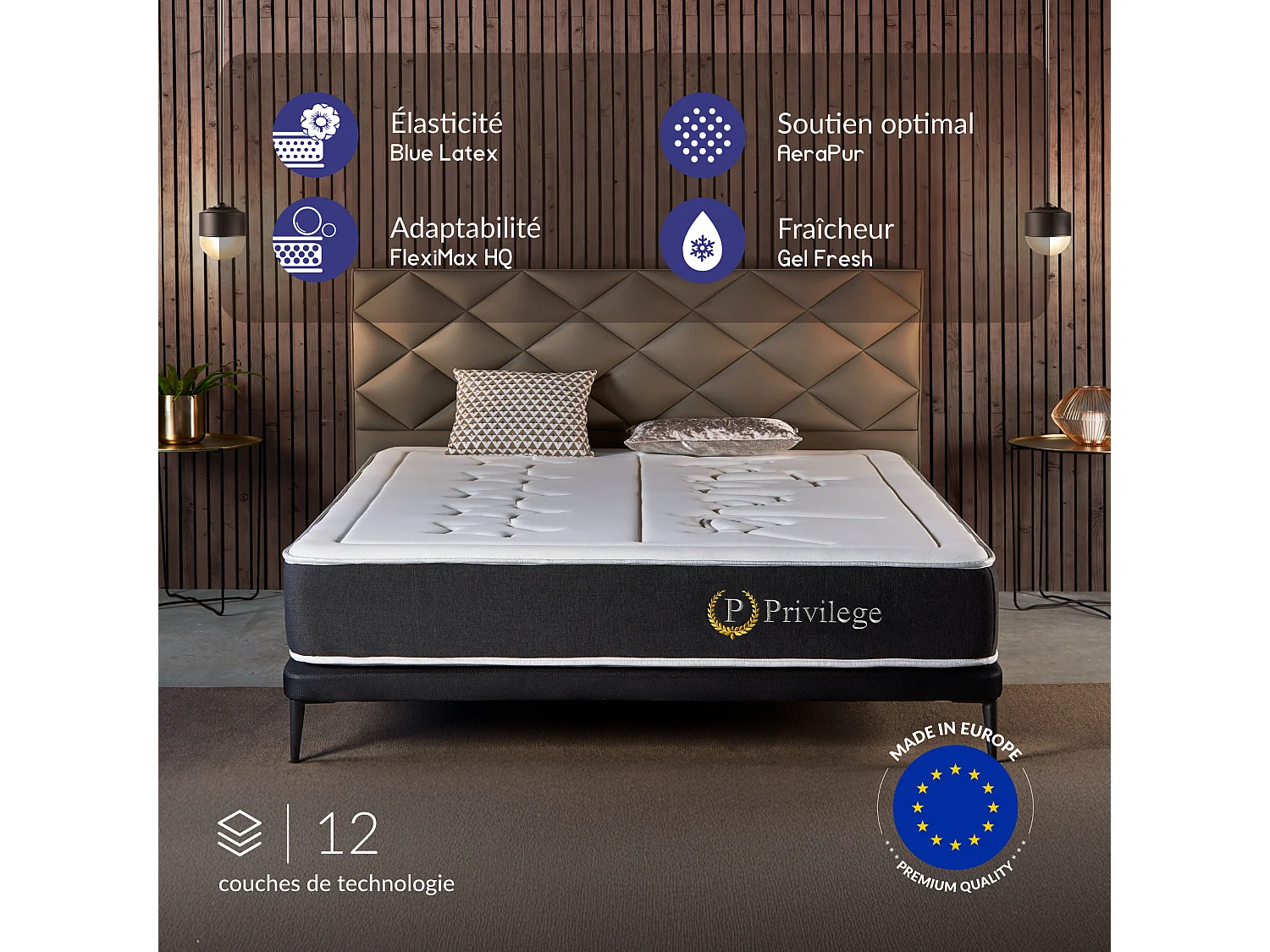 Naturalex - Matelas Privilège 160x190 cm - Multicouches HR - Blue Latex - Très épais 25 cm, Mousse à Mémoire de forme, 7 zones, Confortable - 2 faces été, hiver