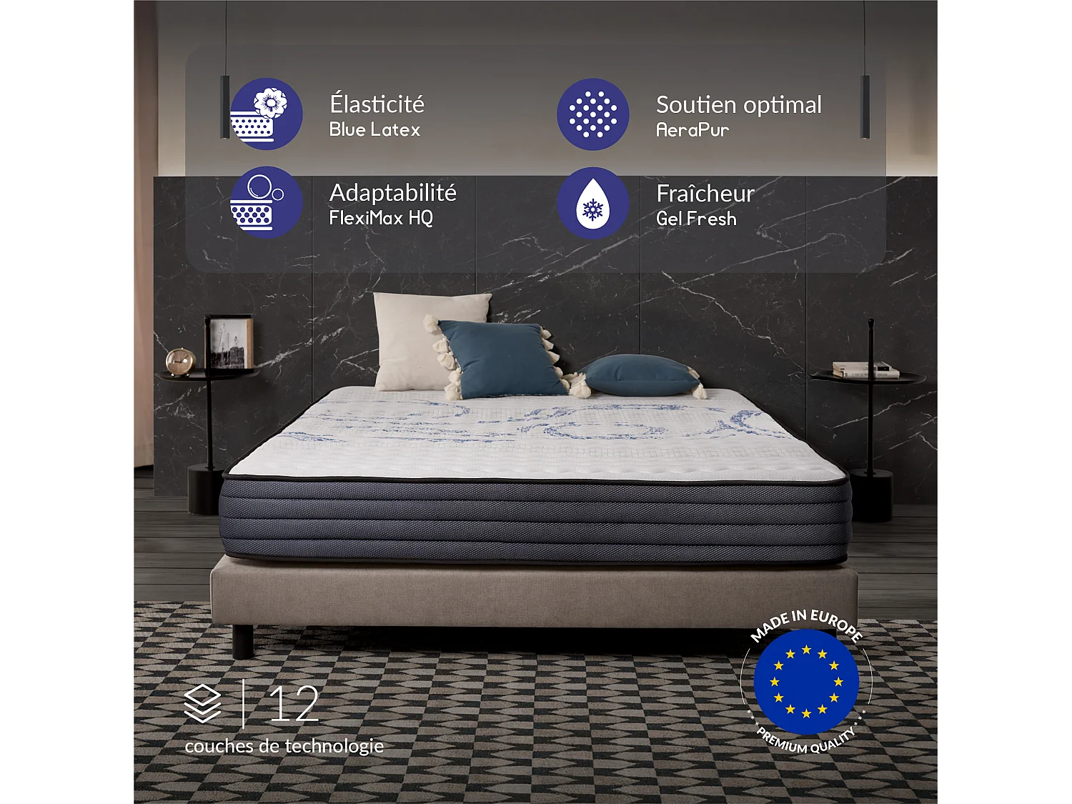 Naturalex - Matelas Perfectsleep 160x190 cm - Mousse HR - Accueil Blue Latex - Mémoire de forme, Parfait soutien, Confortable, 2 faces été, hiver- Antibactérien