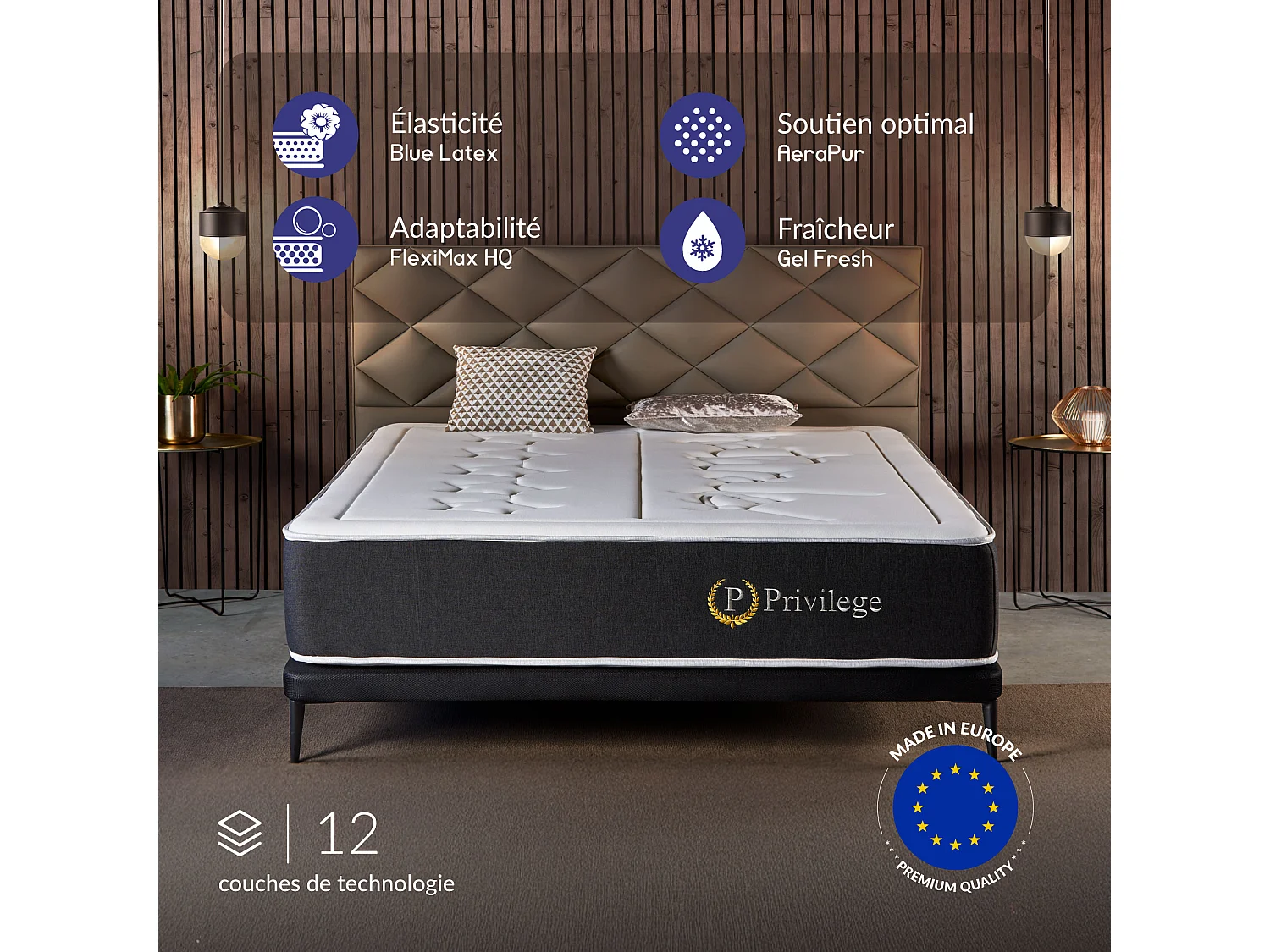 Naturalex - Matelas Privilège 150x190 cm - Multicouches HR - Blue Latex - Très épais 30 cm, Mousse à Mémoire de forme, 7 zones, Confortable - 2 faces été, hiver