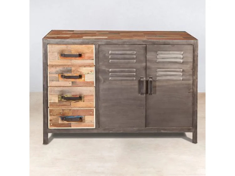 Factory buffet en bois de bateau recyclé - 2 Portes - 4 Tiroirs - Portes en métal noir - Style Industriel - L120