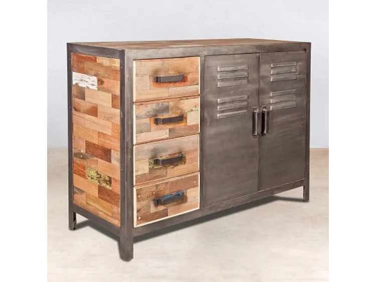 Factory buffet en bois de bateau recyclé - 2 Portes - 4 Tiroirs - Portes en métal noir - Style Industriel - L120
