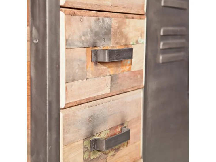 Factory buffet en bois de bateau recyclé - 2 Portes - 4 Tiroirs - Portes en métal noir - Style Industriel - L120