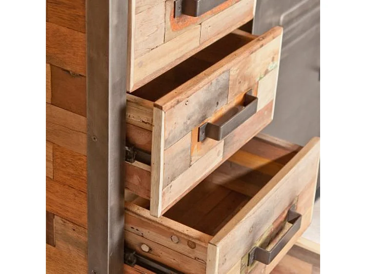 Factory buffet en bois de bateau recyclé - 2 Portes - 4 Tiroirs - Portes en métal noir - Style Industriel - L120