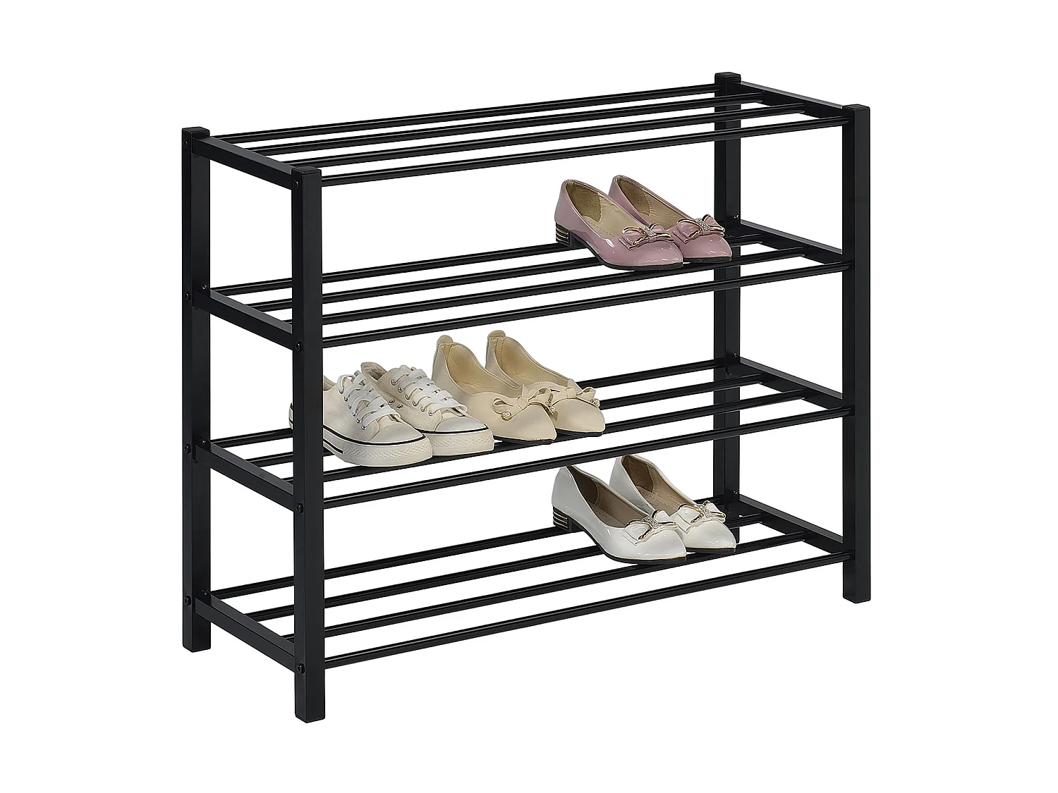 Étagère à chaussures NAVAN rangement porte-chaussures avec 4 niveaux en métal laqué noir pour 16 paires de chaussures