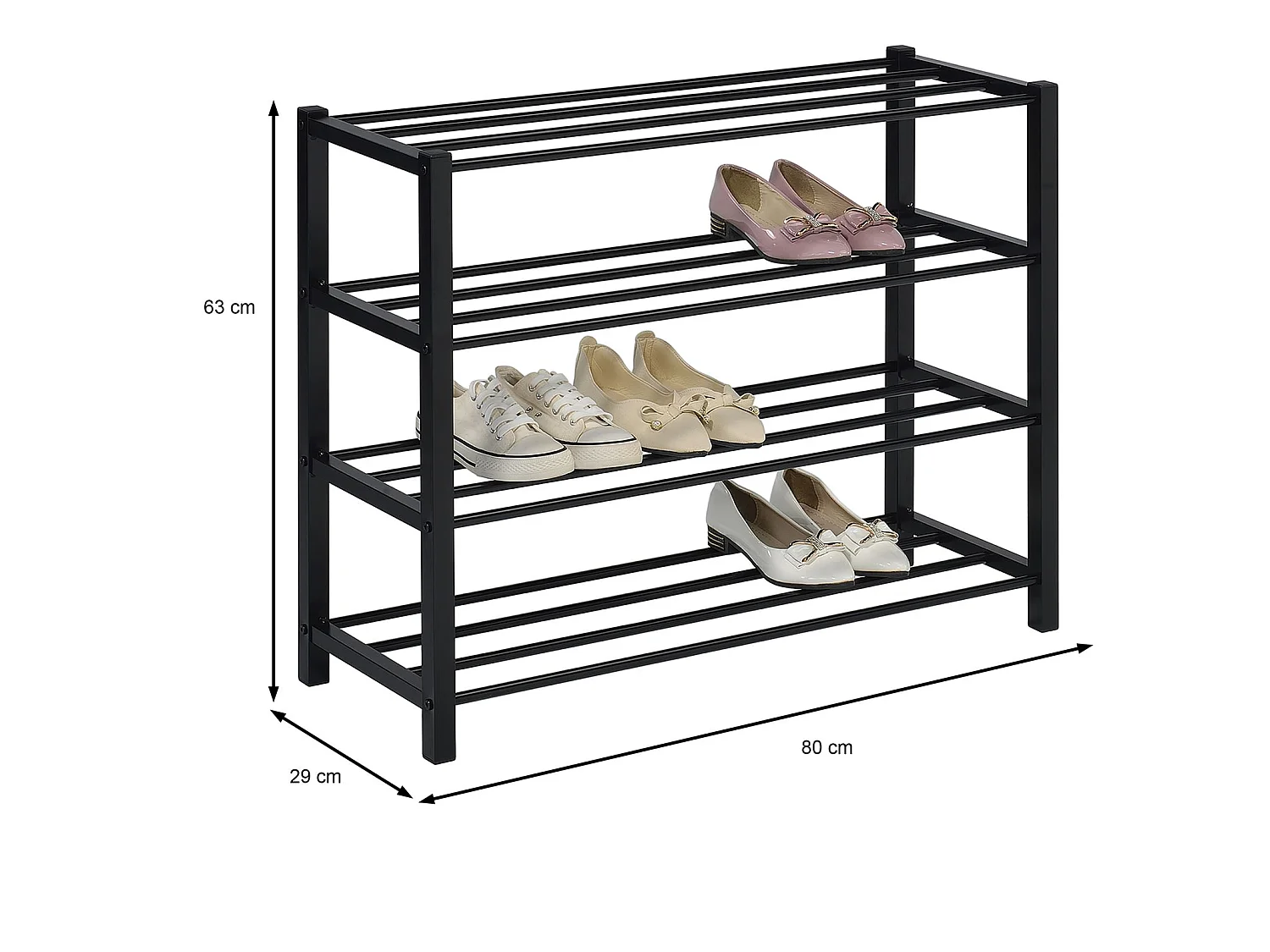 Étagère à chaussures NAVAN rangement porte-chaussures avec 4 niveaux en métal laqué noir pour 16 paires de chaussures