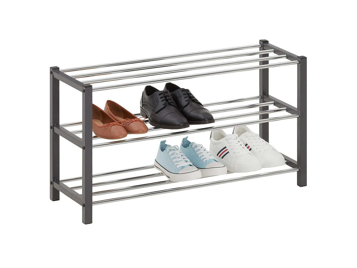 Étagère à chaussures DUBLIN rangement porte-chaussures avec 3 niveaux pour 12 paires en métal chromé et laqué gris