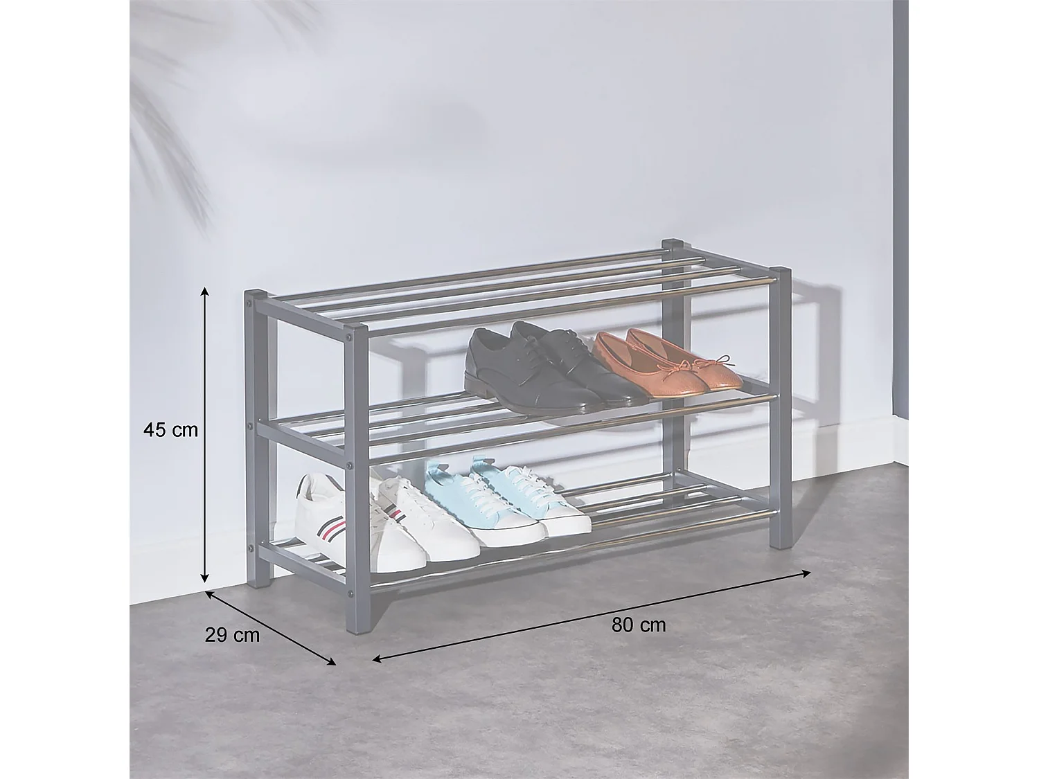 Étagère à chaussures DUBLIN rangement porte-chaussures avec 3 niveaux pour 12 paires en métal chromé et laqué gris