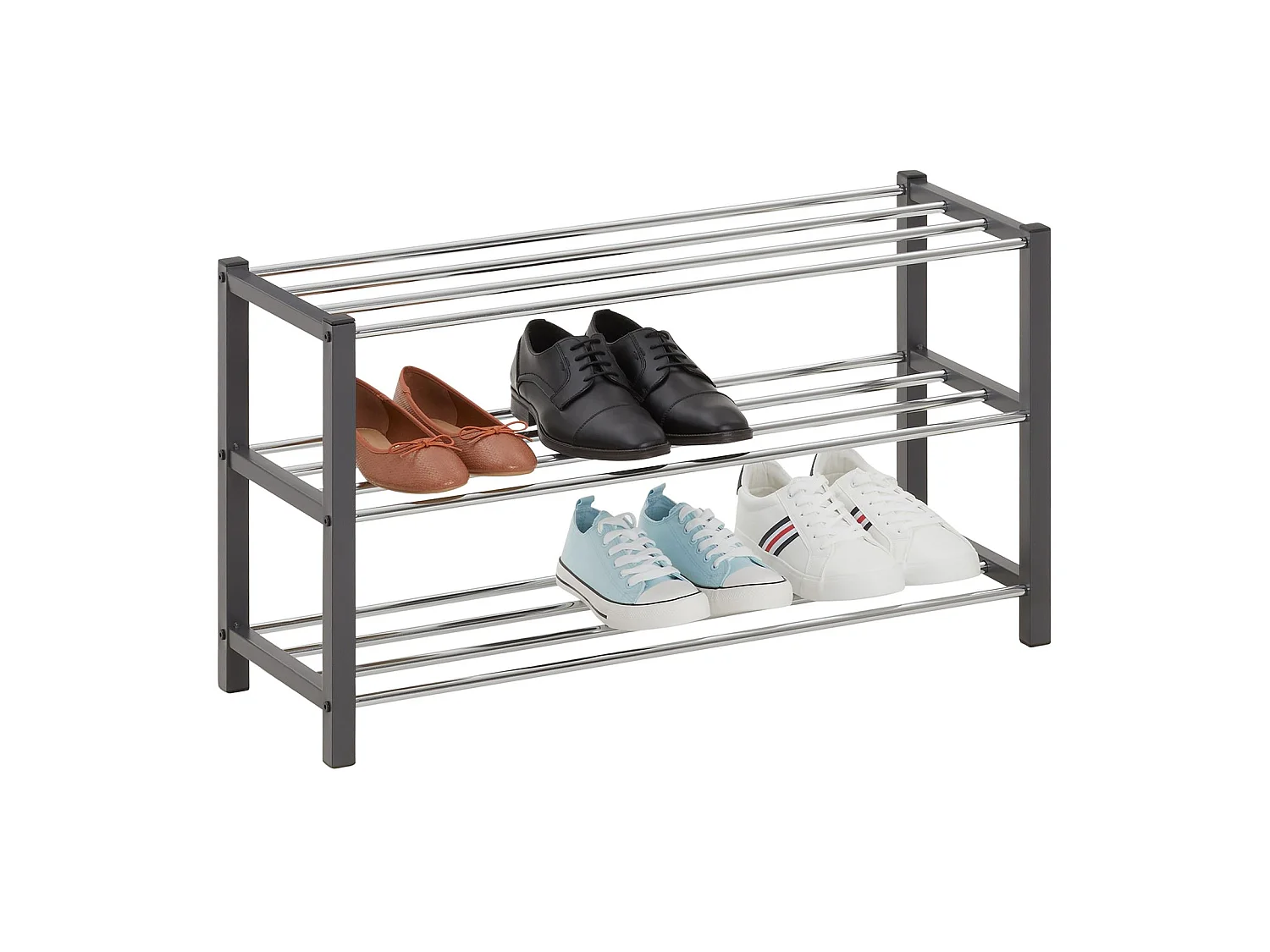Étagère à chaussures DUBLIN rangement porte-chaussures avec 3 niveaux pour 12 paires en métal chromé et laqué gris