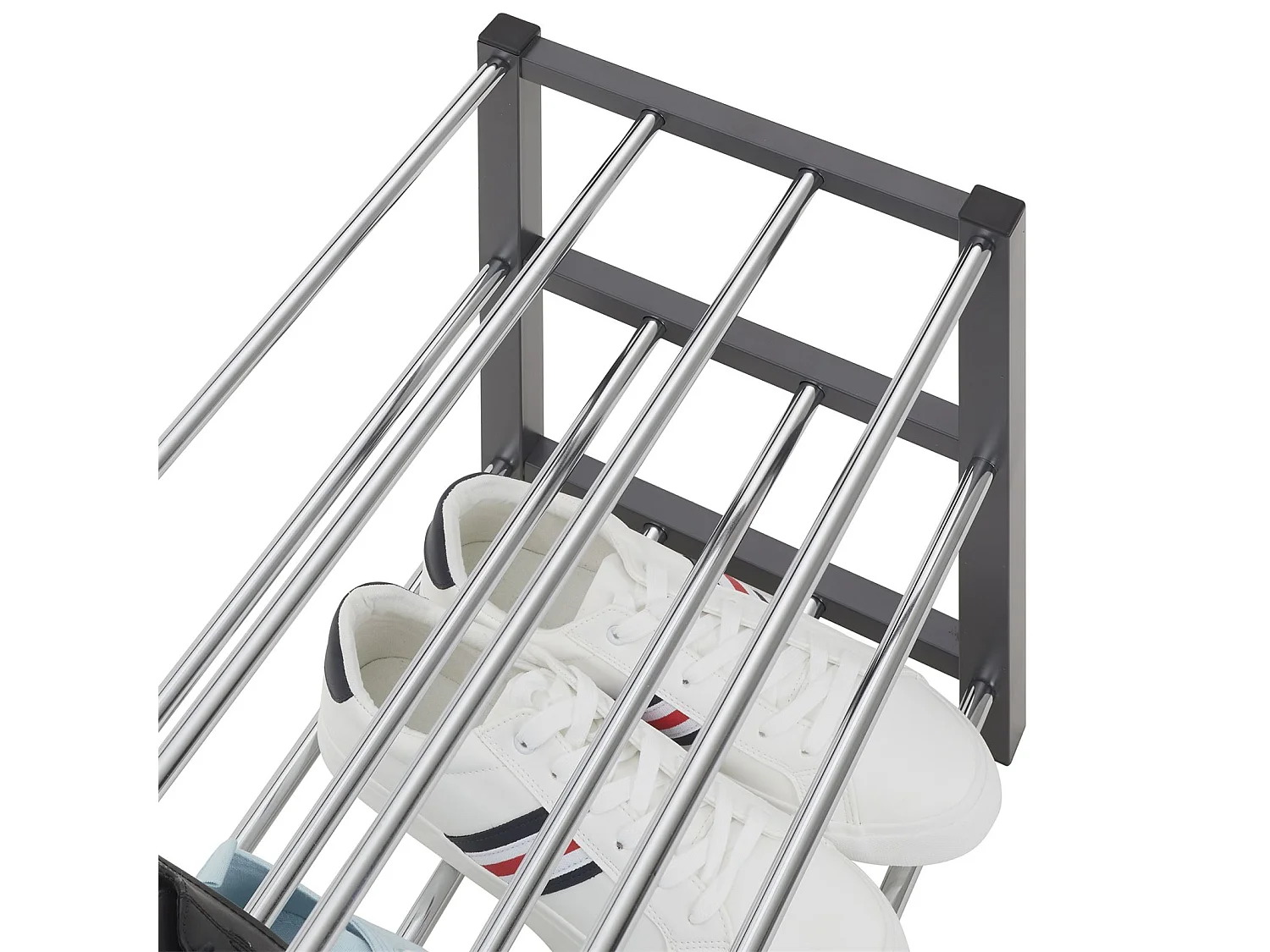 Étagère à chaussures DUBLIN rangement porte-chaussures avec 3 niveaux pour 12 paires en métal chromé et laqué gris