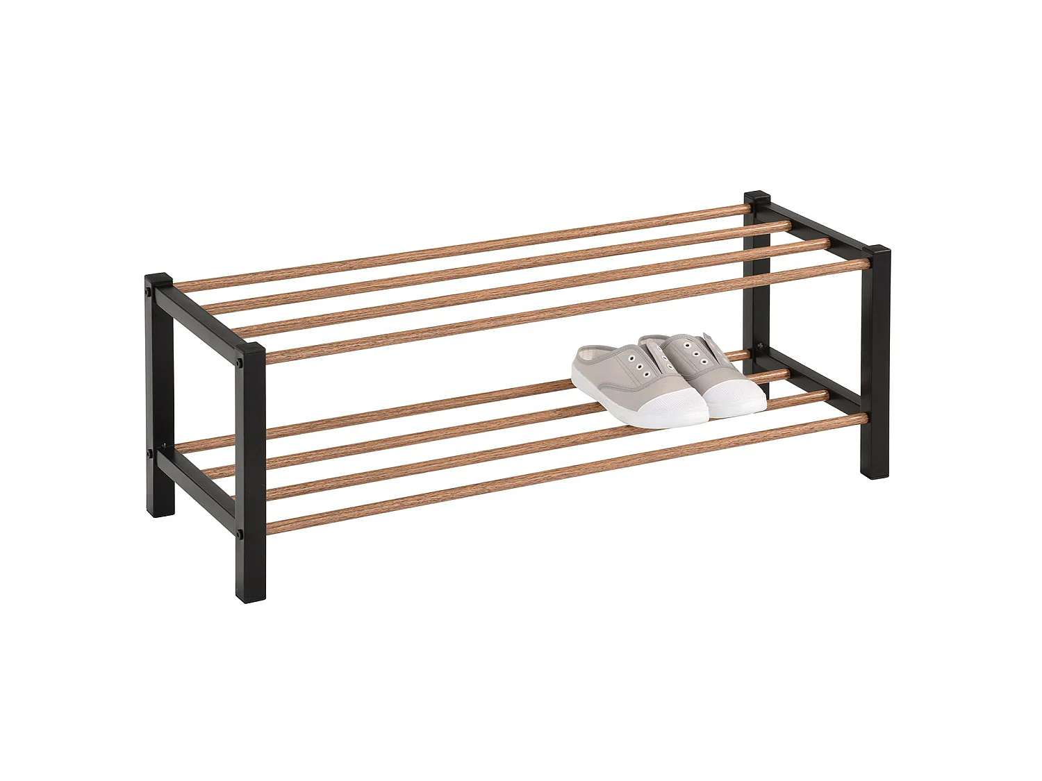 Étagère à chaussures WATERFORD rangement porte-chaussures avec 2 niveaux, pieds en métal laqué noir et tablettes en décor bois