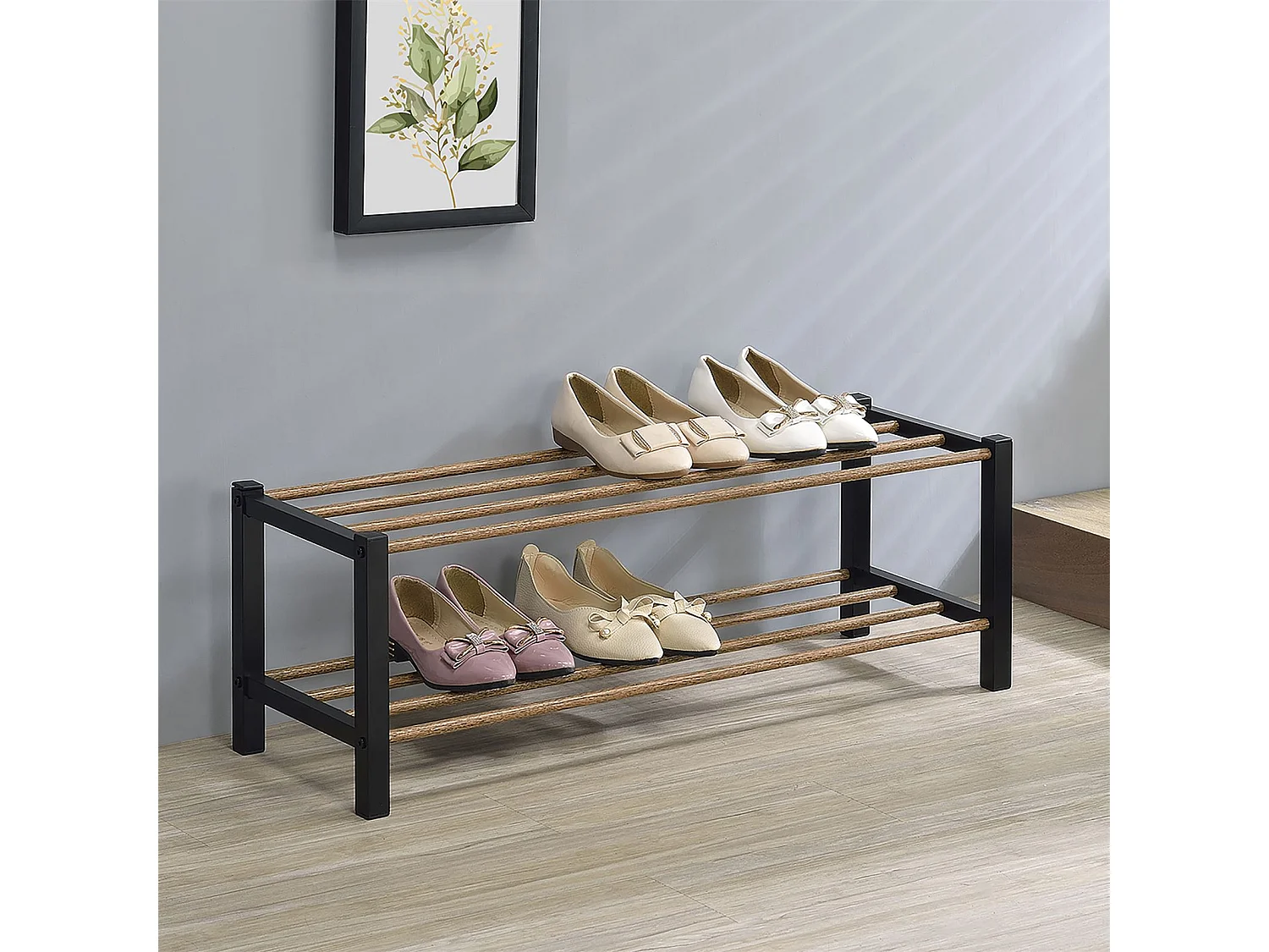 Étagère à chaussures WATERFORD rangement porte-chaussures avec 2 niveaux, pieds en métal laqué noir et tablettes en décor bois