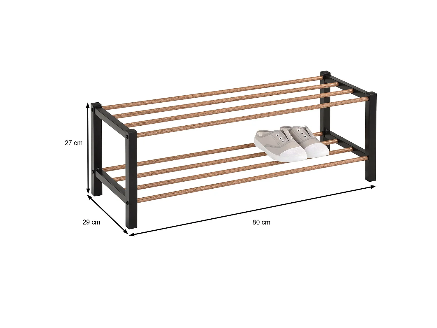 Étagère à chaussures WATERFORD rangement porte-chaussures avec 2 niveaux, pieds en métal laqué noir et tablettes en décor bois