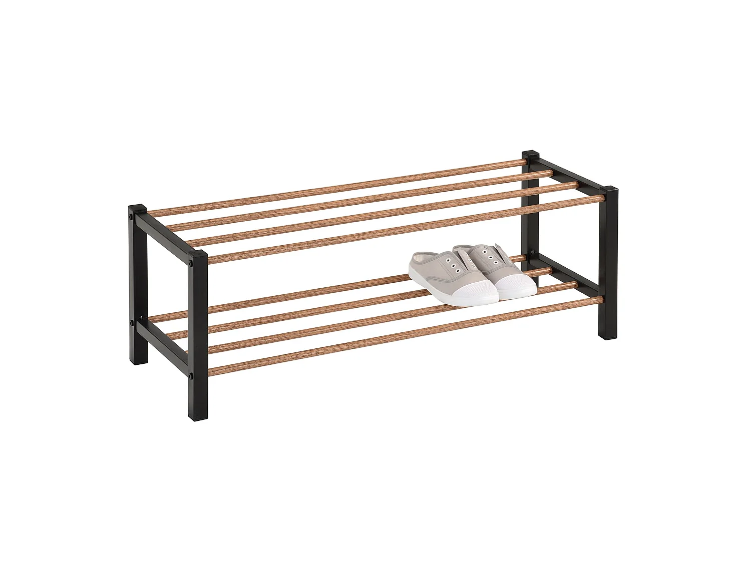 Étagère à chaussures WATERFORD rangement porte-chaussures avec 2 niveaux, pieds en métal laqué noir et tablettes en décor bois