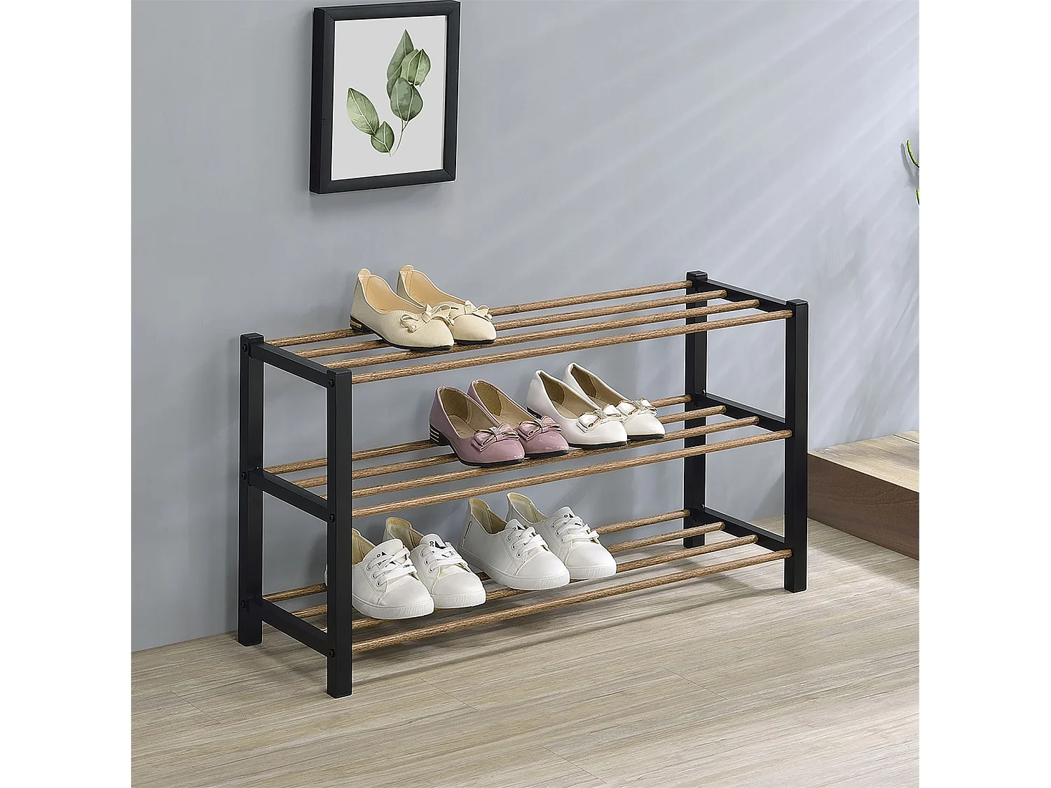 Étagère à chaussures WATERFORD rangement porte-chaussures avec 3 niveaux, pieds en métal laqué noir et tablettes en décor bois