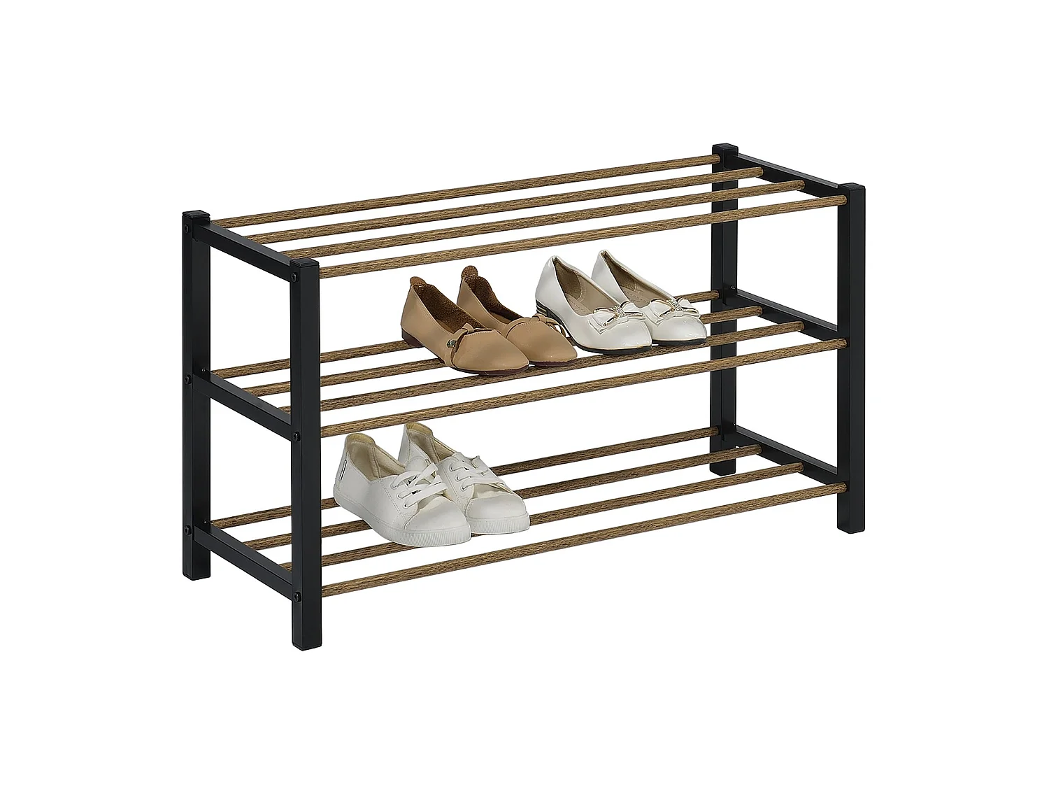 Étagère à chaussures WATERFORD rangement porte-chaussures avec 3 niveaux, pieds en métal laqué noir et tablettes en décor bois