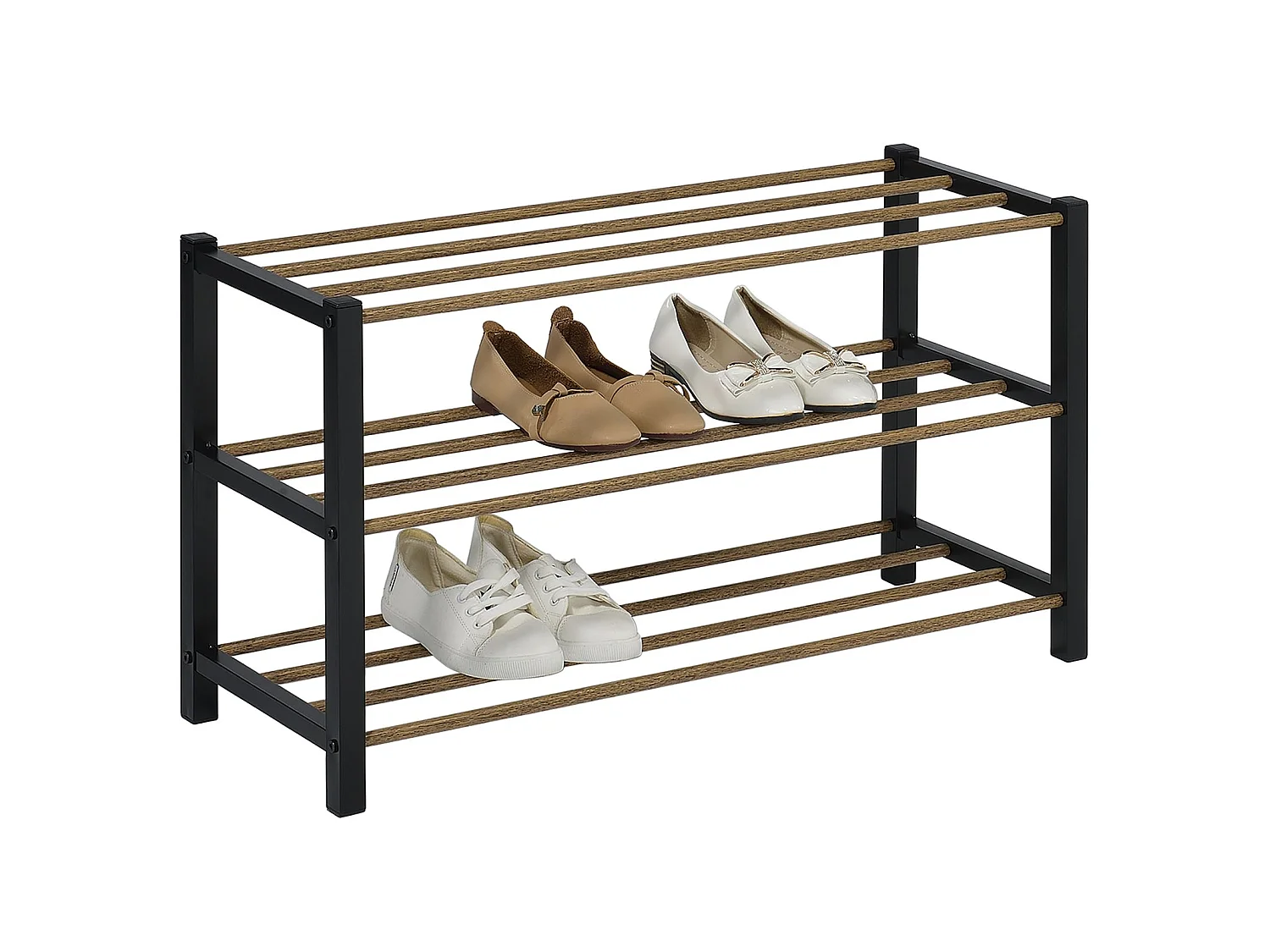 Étagère à chaussures WATERFORD rangement porte-chaussures avec 3 niveaux, pieds en métal laqué noir et tablettes en décor bois