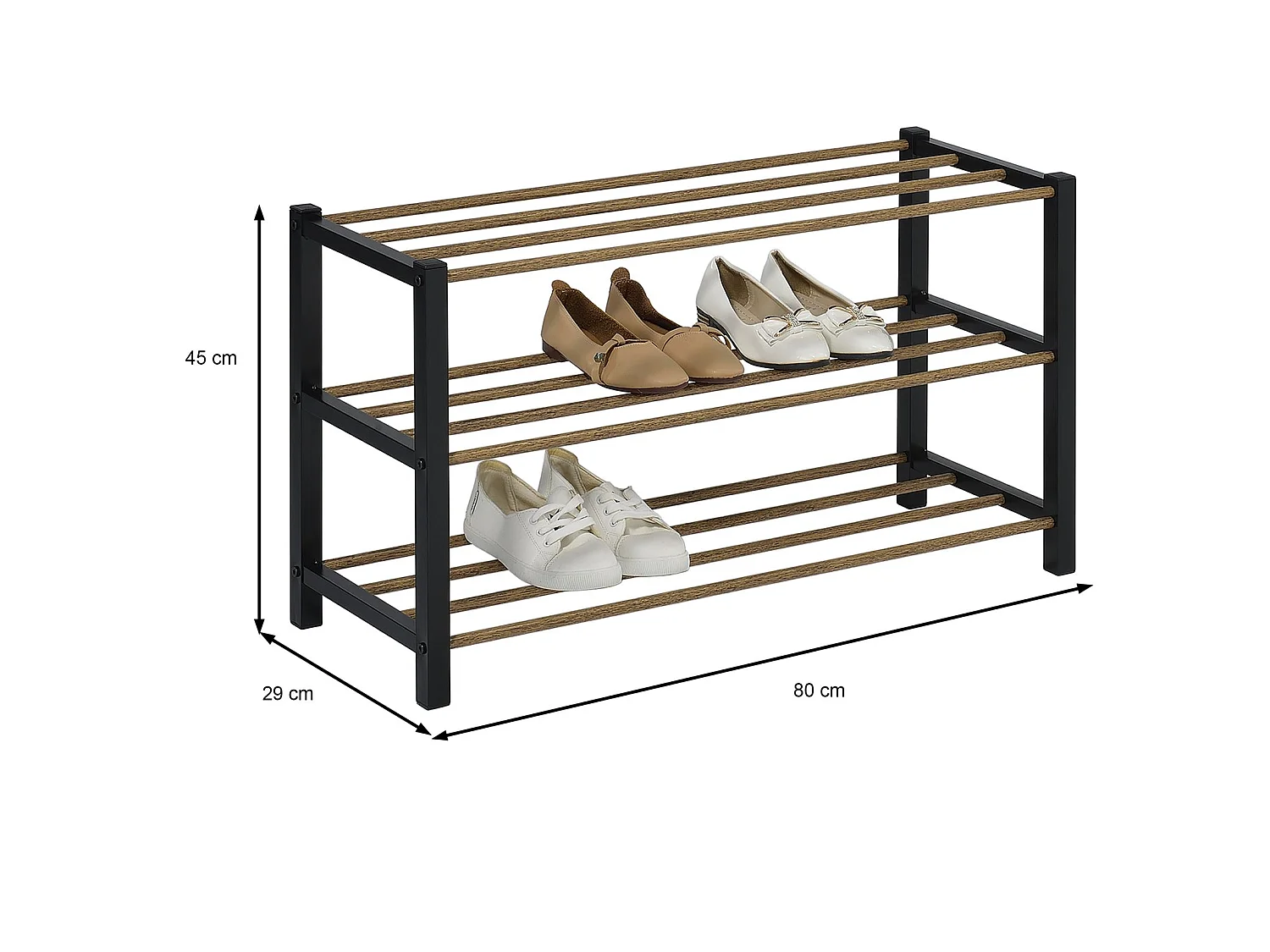 Étagère à chaussures WATERFORD rangement porte-chaussures avec 3 niveaux, pieds en métal laqué noir et tablettes en décor bois