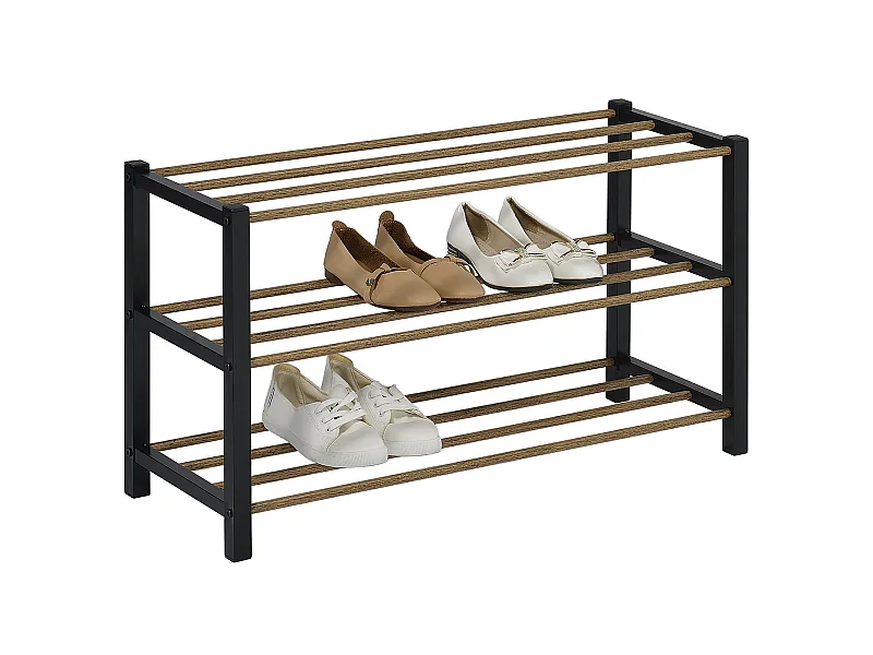 Étagère à chaussures WATERFORD rangement porte-chaussures avec 3 niveaux, pieds en métal laqué noir et tablettes en décor bois