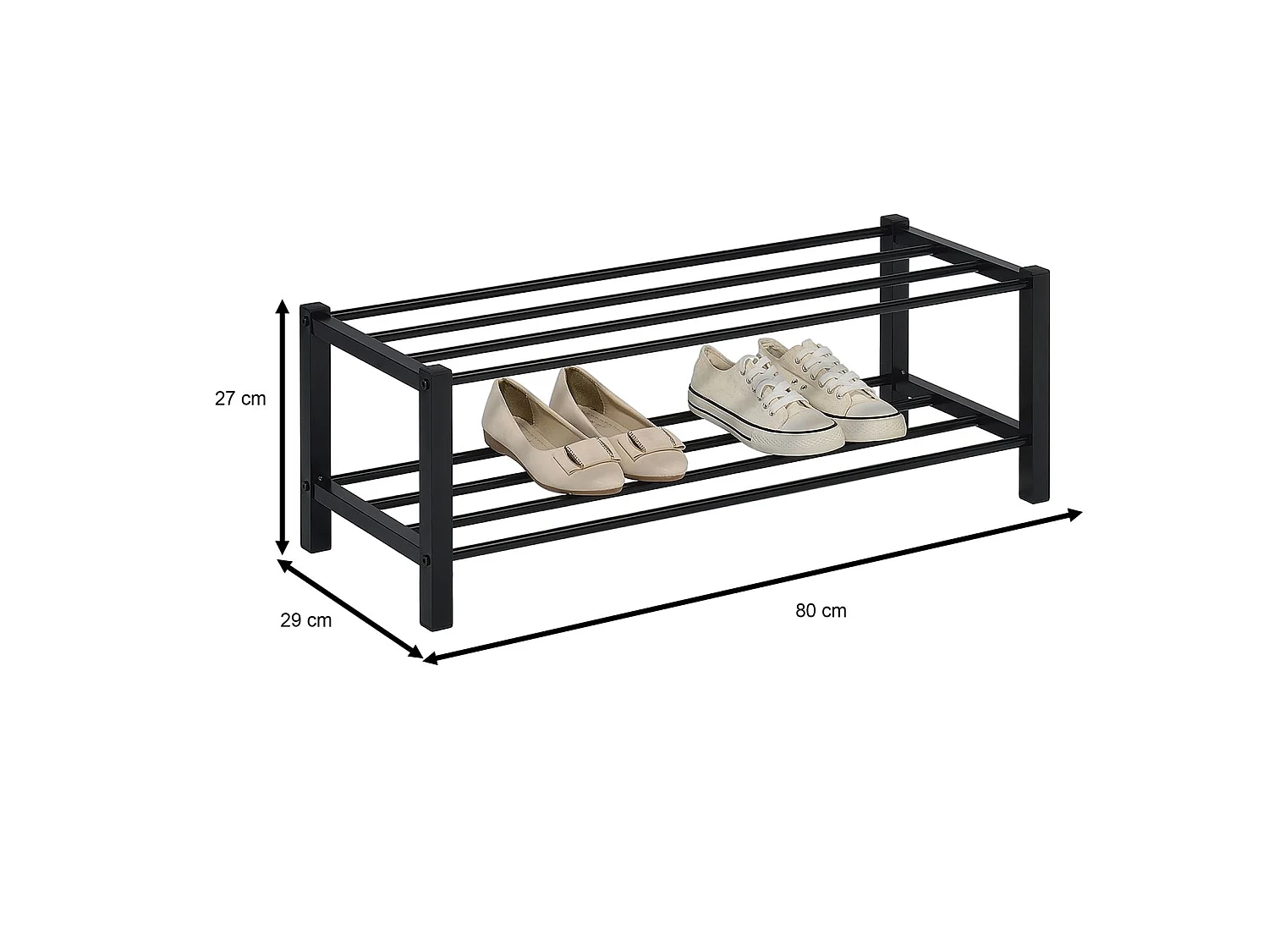 Étagère à chaussures NAVAN rangement porte-chaussures avec 2 niveaux en métal laqué noir pour 8 paires de chaussures