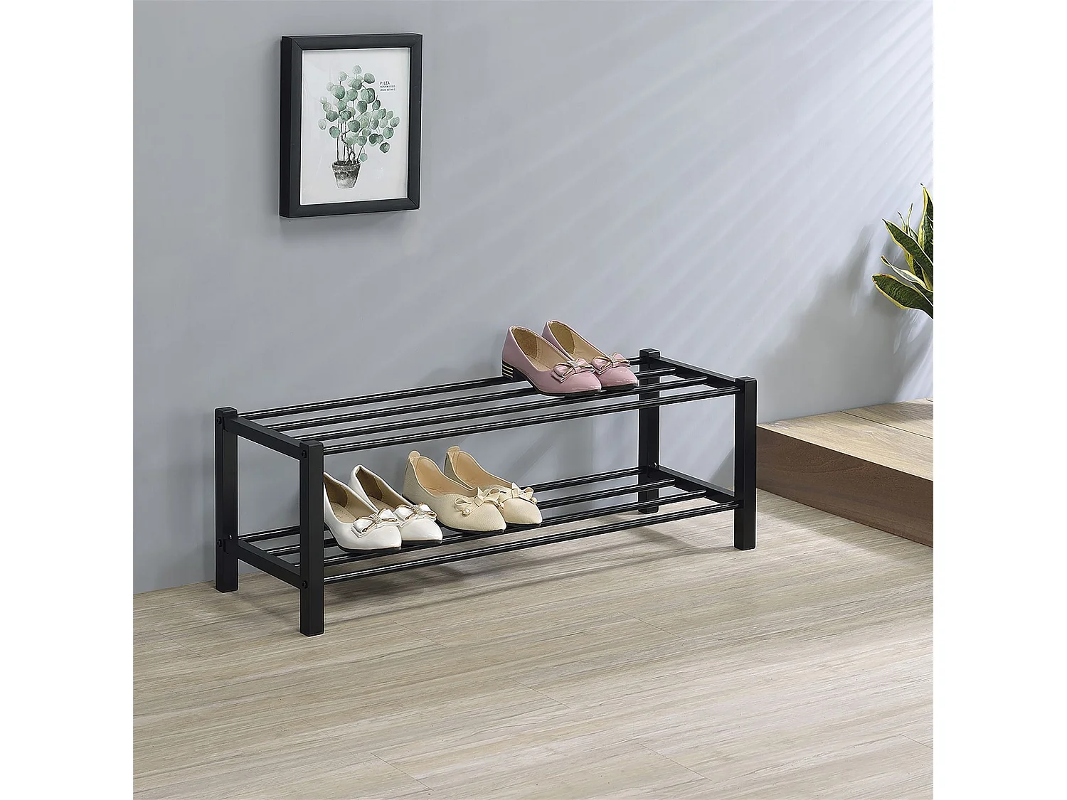 Étagère à chaussures NAVAN rangement porte-chaussures avec 2 niveaux en métal laqué noir pour 8 paires de chaussures