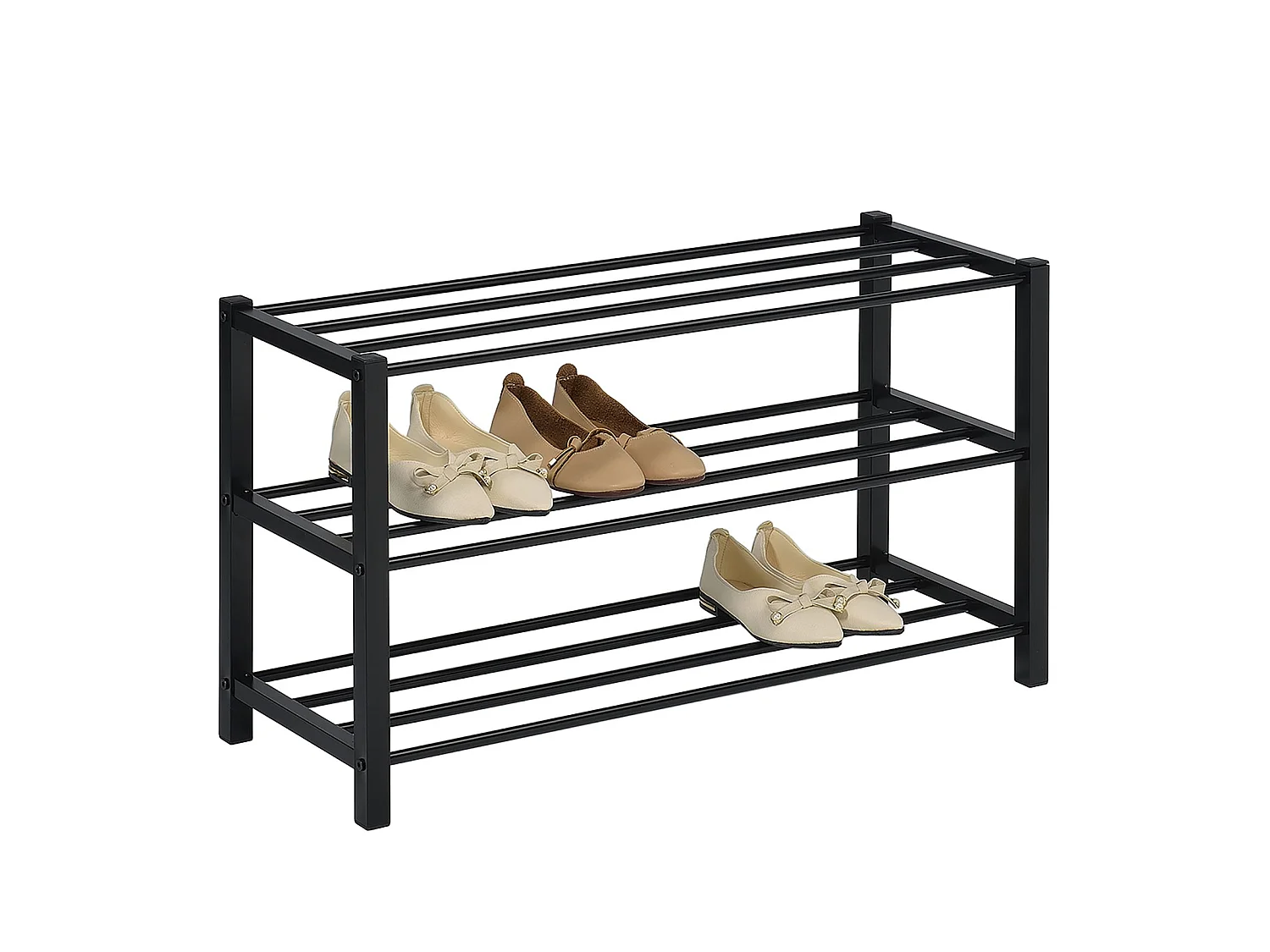 Étagère à chaussures NAVAN rangement porte-chaussures avec 3 niveaux en métal laqué noir pour 12 paires de chaussures