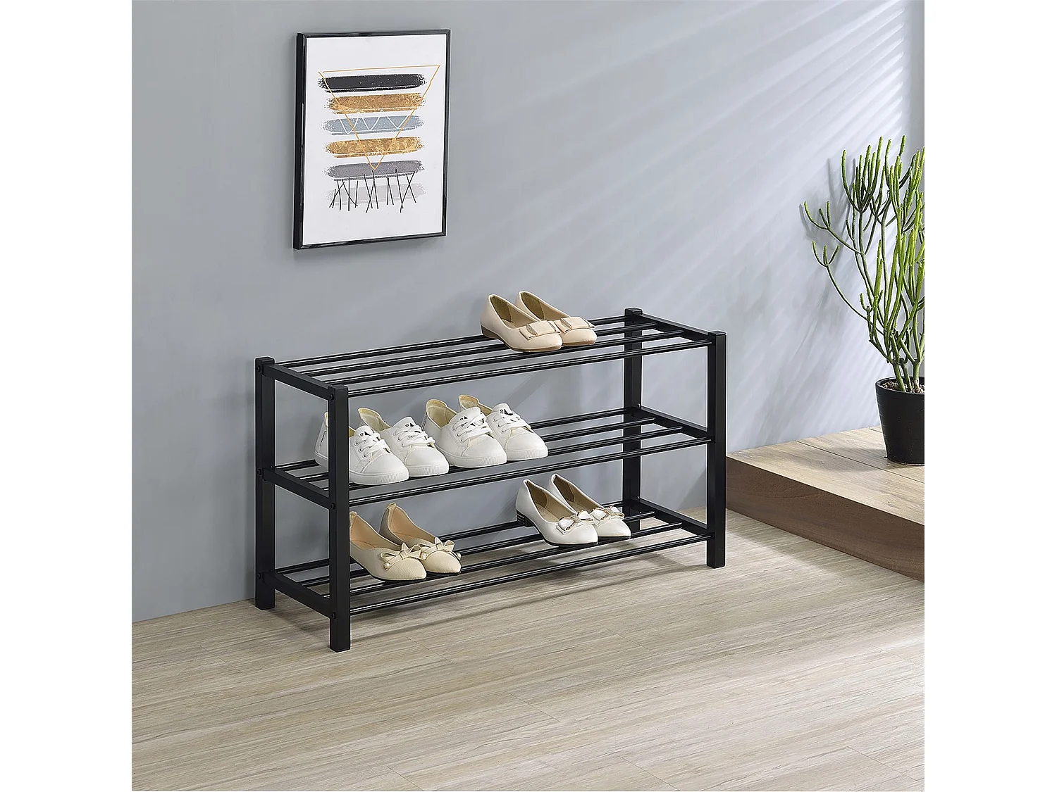 Étagère à chaussures NAVAN rangement porte-chaussures avec 3 niveaux en métal laqué noir pour 12 paires de chaussures