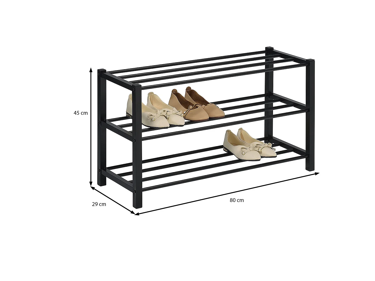 Étagère à chaussures NAVAN rangement porte-chaussures avec 3 niveaux en métal laqué noir pour 12 paires de chaussures