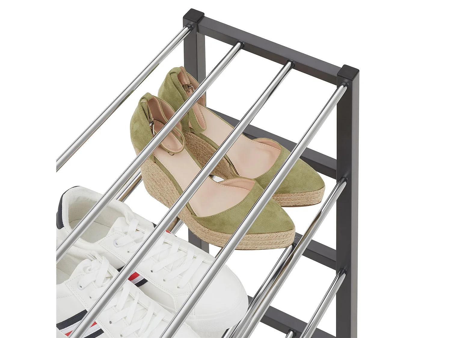 Etagère à chaussures DUBLIN rangement porte-chaussures avec 4 niveaux pour 16 paires en métal chromé et laqué gris