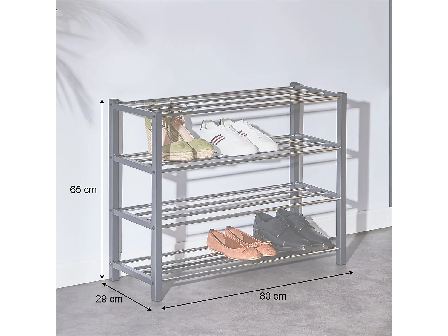 Etagère à chaussures DUBLIN rangement porte-chaussures avec 4 niveaux pour 16 paires en métal chromé et laqué gris