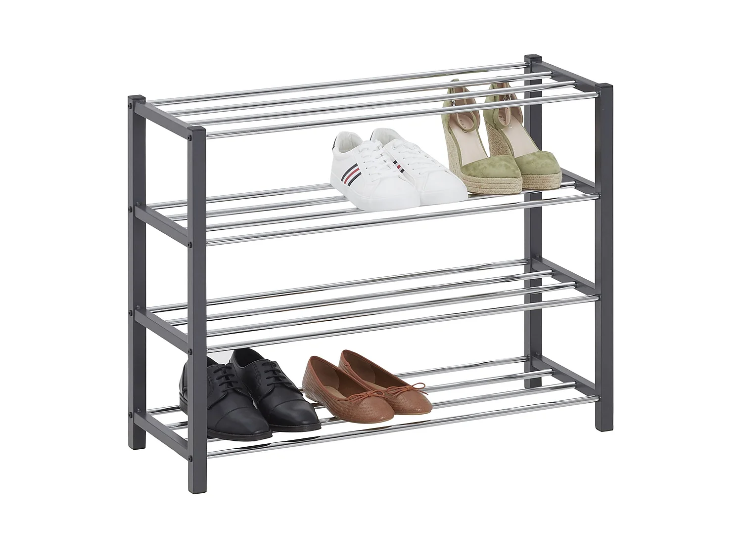 Etagère à chaussures DUBLIN rangement porte-chaussures avec 4 niveaux pour 16 paires en métal chromé et laqué gris