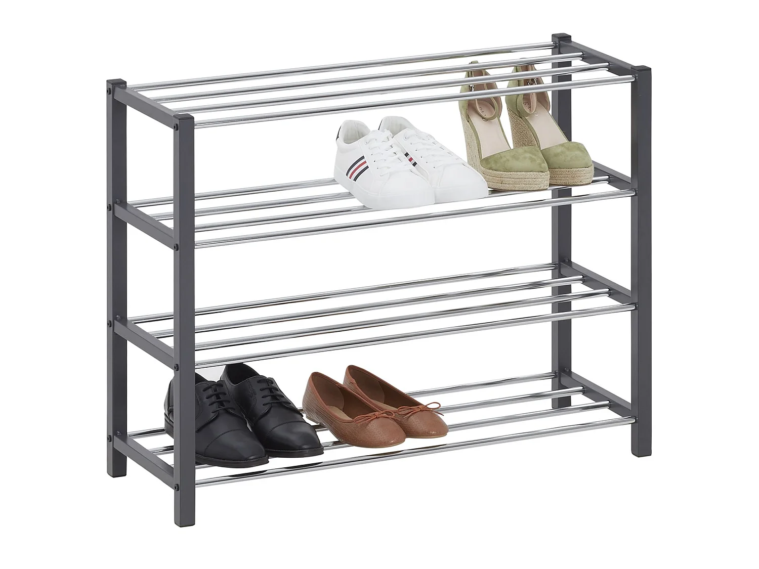 Etagère à chaussures DUBLIN rangement porte-chaussures avec 4 niveaux pour 16 paires en métal chromé et laqué gris